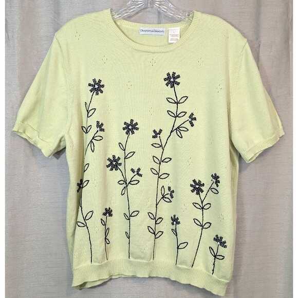 Drapers & Damons Women Size LARGE Sweater Short Sleeves Lt Green & Black Floral - Picture 2 of 16